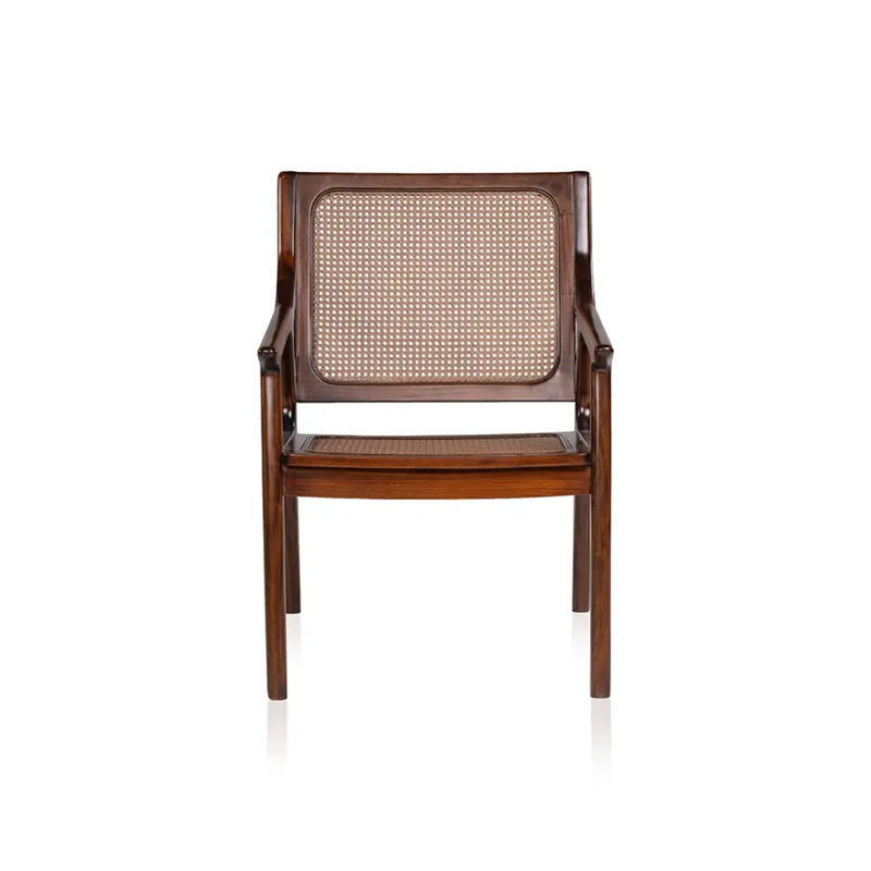 Front view of Briar Classic wood and PVC rattan lounge chair showing woven backrest, seat and wooden arms