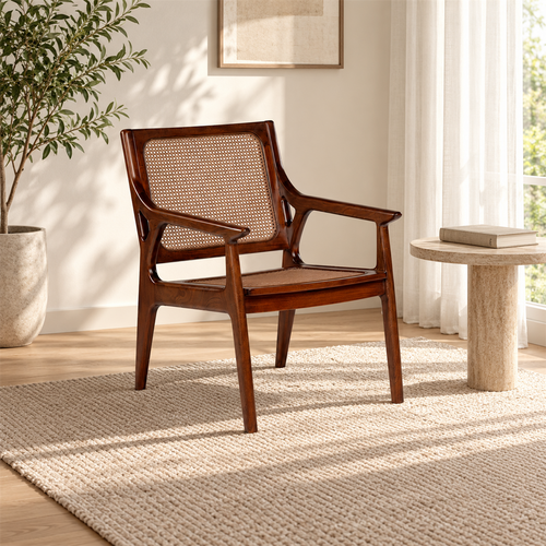 Briar wood and PVC rattan lounge chair in a sunlit reading corner beside a round side table