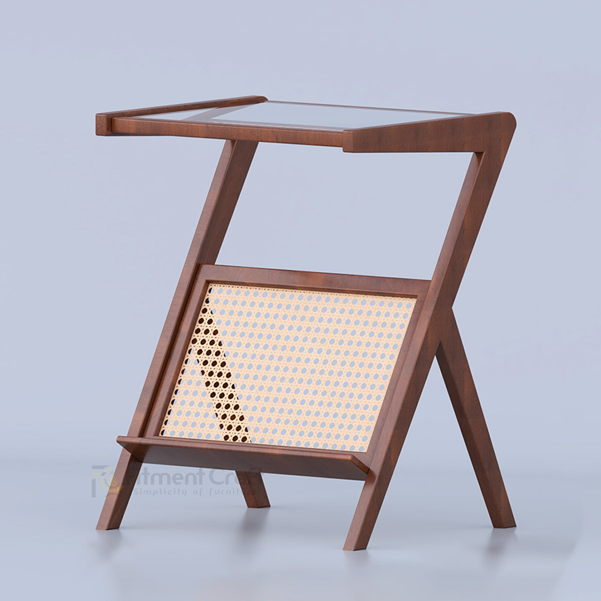 Brown Frostelle side table with slanted frame and woven lower panel, opposite view