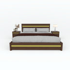 Brown Goldline bed front view with gold-tone trim and matching bedside tables