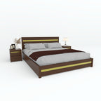 Brown Goldline bed with gold-tone headboard and footboard strips and matching bedside tables