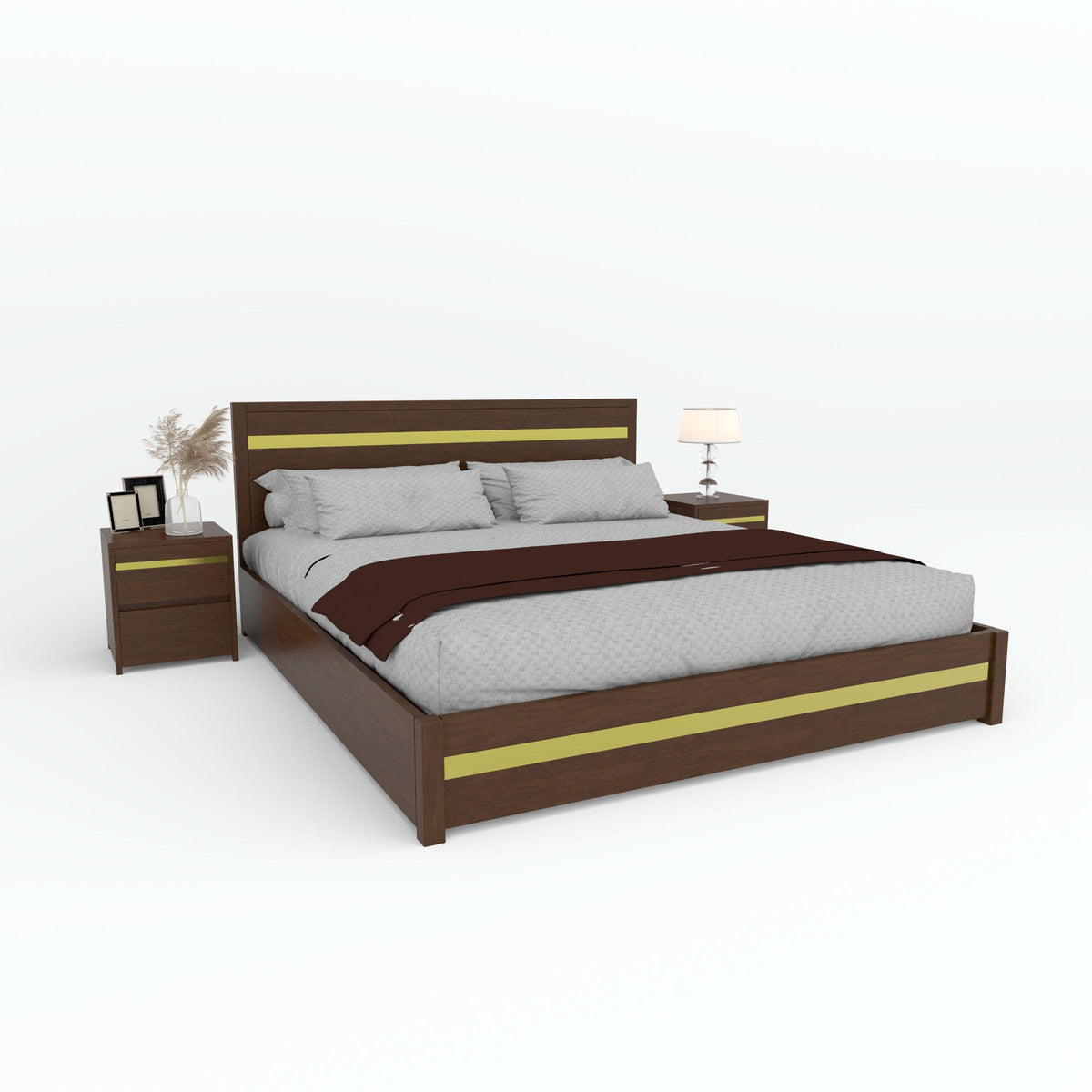 Brown Goldline bed with gold-tone headboard and footboard strips and matching bedside tables