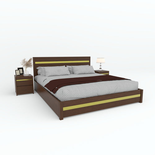 Brown Goldline bed with gold-tone headboard and footboard strips and matching bedside tables
