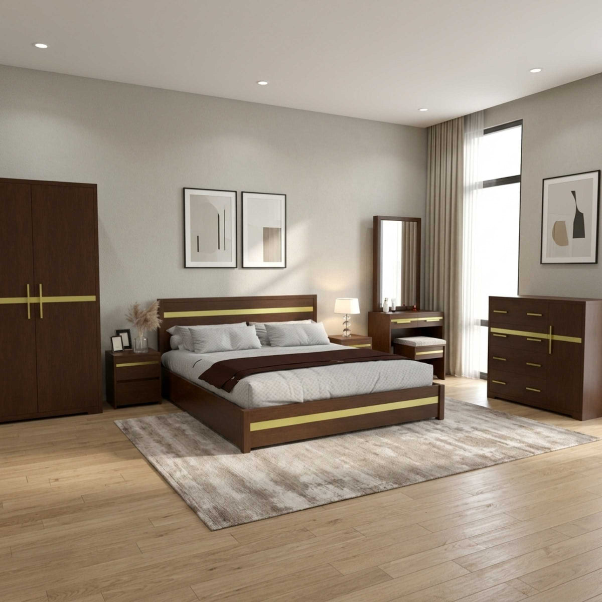 Brown Goldline bed with matching wardrobe, dresser and dressing table in a bedroom