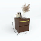 Brown Goldline bedside table with gold-tone drawer detail and dimension arrows