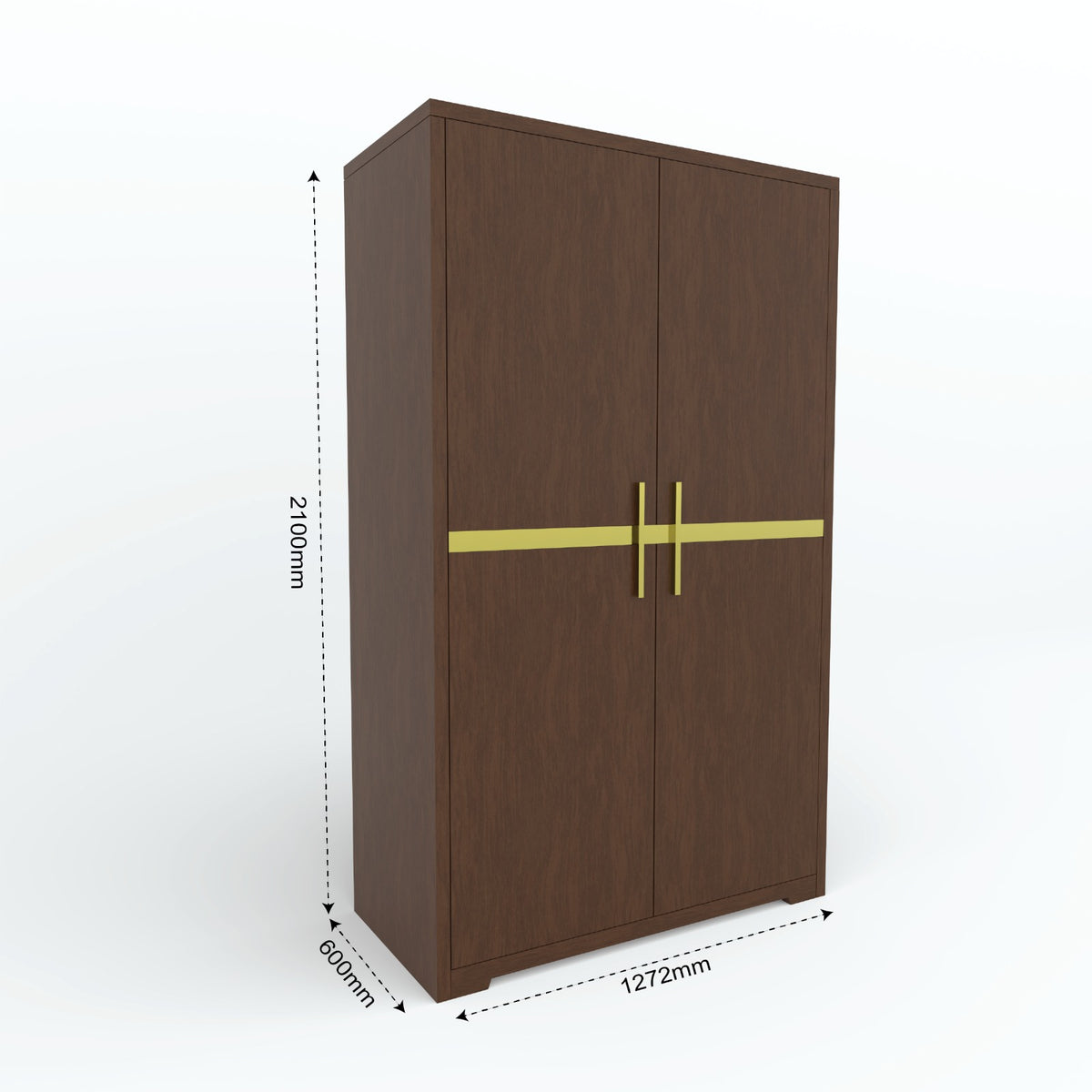 Brown Goldline cupboard with gold-tone trim and dimension arrows