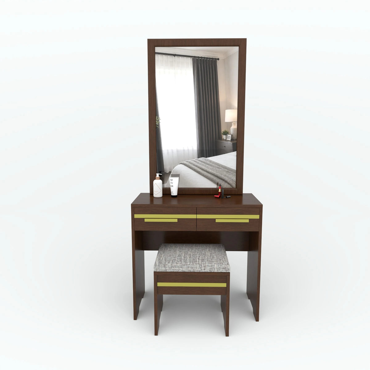 Brown Goldline dressing table front view with mirror, two drawers and padded stool