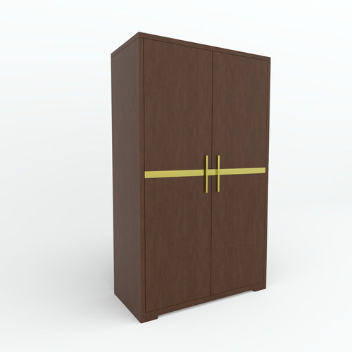 Brown Goldline two-door cupboard angled view with gold-tone handles and horizontal trim