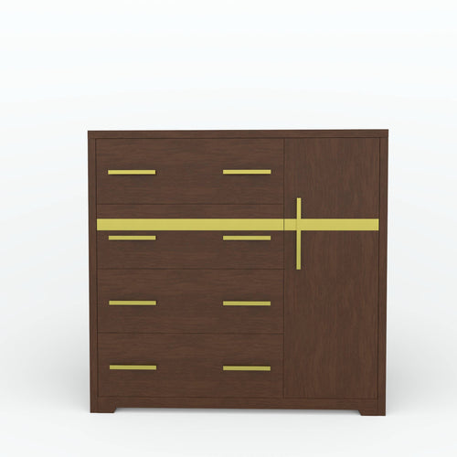 Brown Goldline wardrobe front view with four drawers, side door and gold-tone trim