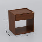 Brown Naira side table with drawer, lower open compartment and measurement arrows