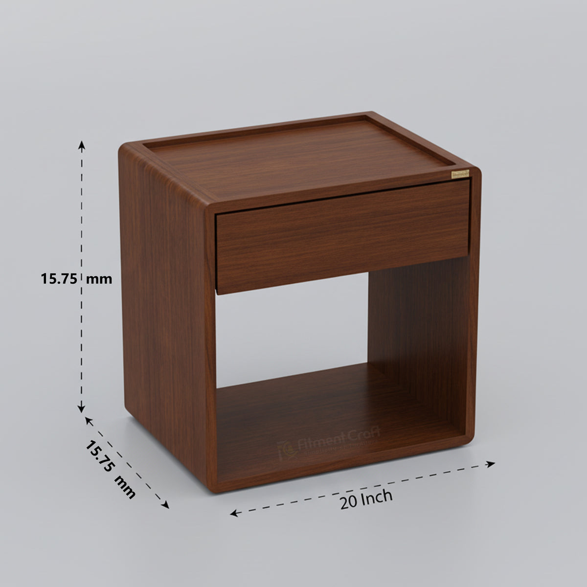 Brown Naira side table with drawer, lower open compartment and measurement arrows