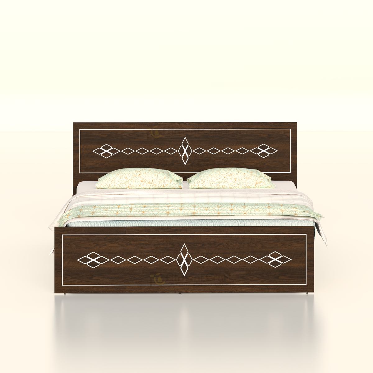 Brown Oriole bed front view with white diamond patterns on headboard and footboard