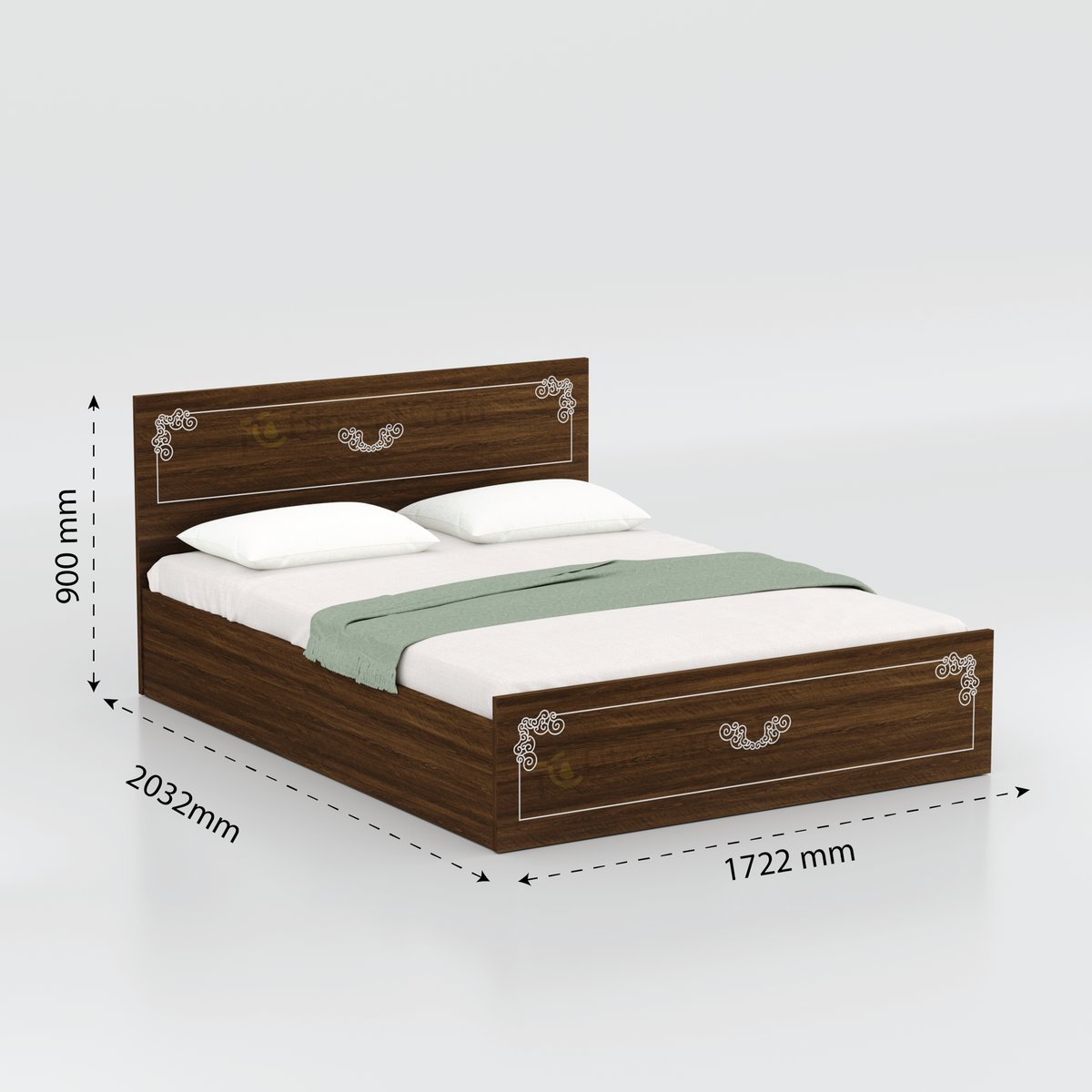 Brown Ornate bed with decorative white motifs and dimension arrows