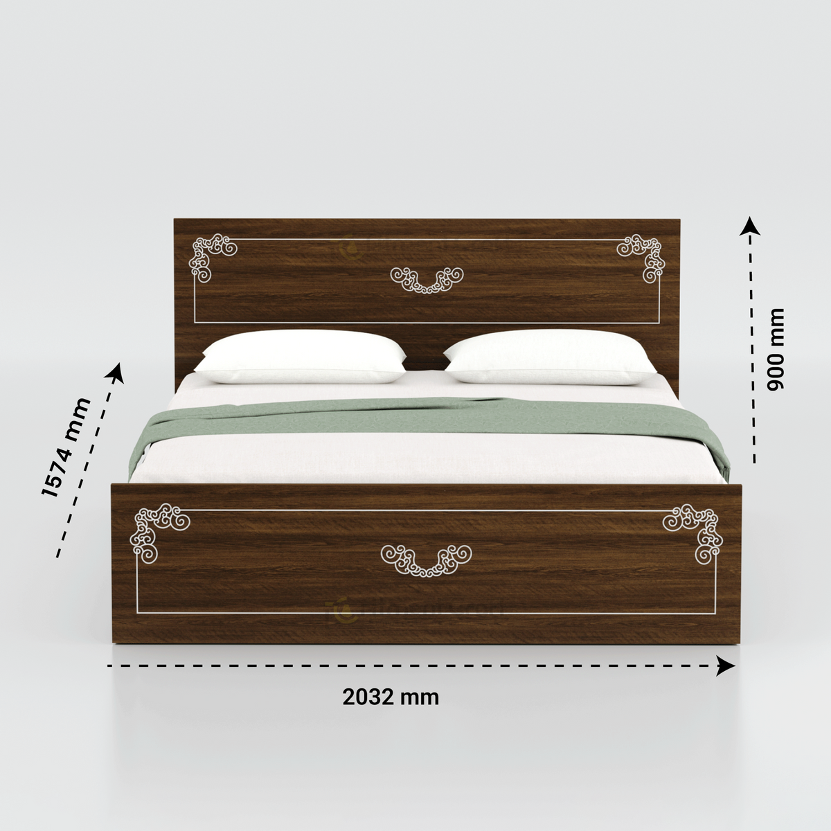 Brown Ornate bed with decorative white patterns and dimension arrows