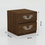 Brown Ornate bedside cabinet angled view with dimension arrows