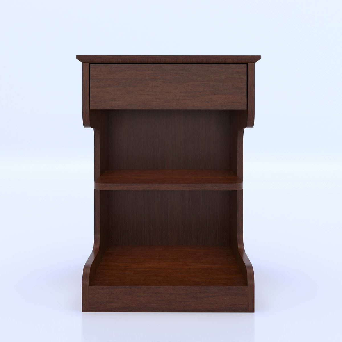 Brown Twivy side table front view with upper drawer and open shelves