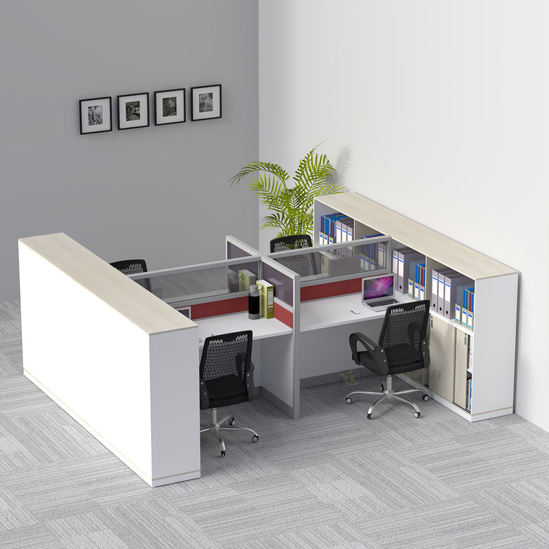CalmCube office workstations with pale storage tops, red partition strips and black chairs