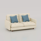 Cream Cameo two-seat sofa with blue cushions and short brown legs