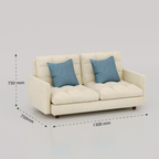 Cream Cameo two-seat sofa with blue cushions and dimension annotations