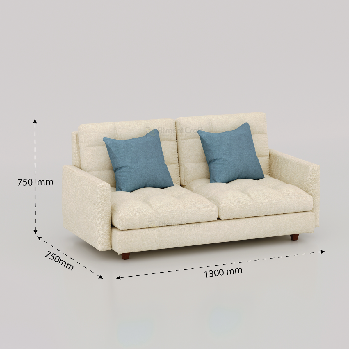 Cream Cameo two-seat sofa with blue cushions and dimension annotations