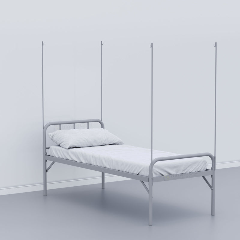Care Hospital Bed with white bedding and four overhead support poles, side angled view