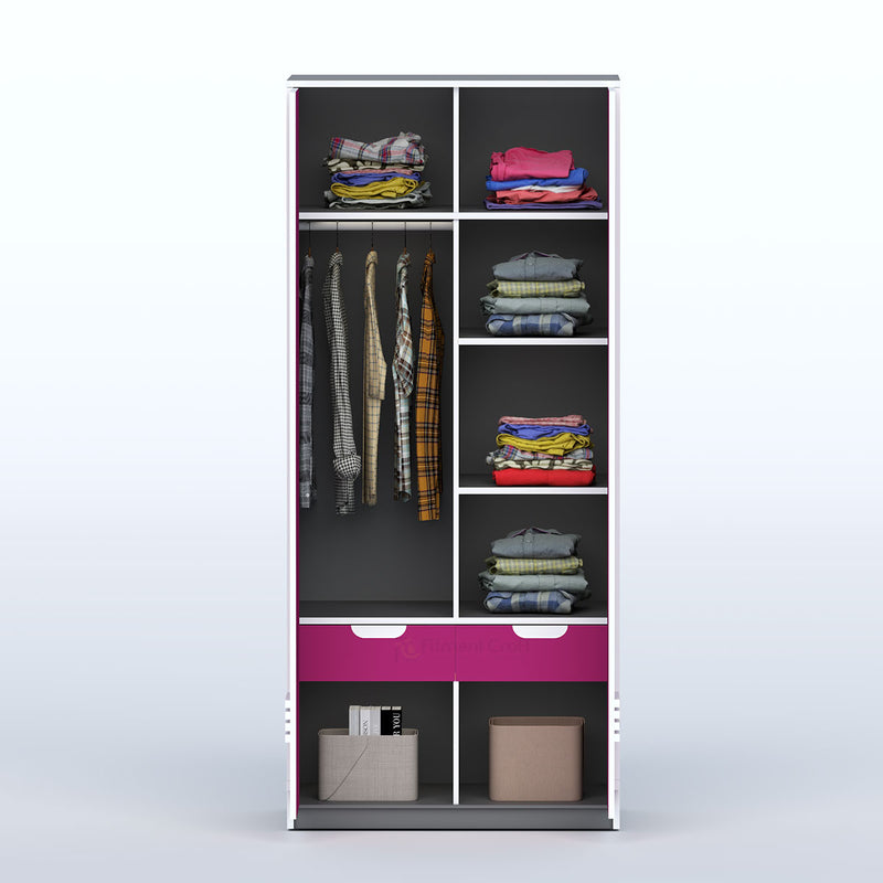 Carino almirah interior showing hanging clothes, shelves, two drawers and lower compartments