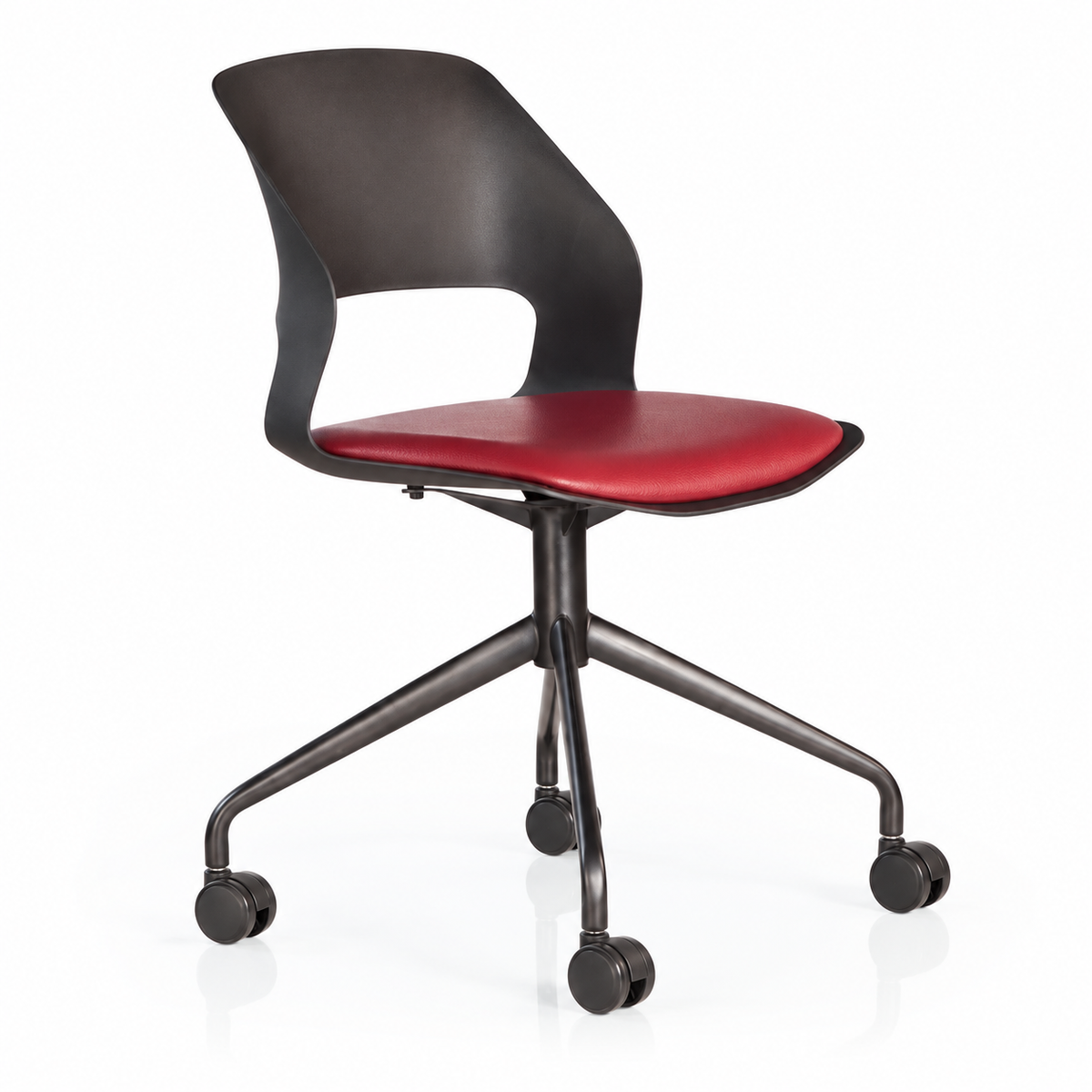 Vento castor visitor chair with a black cut-out back, maroon padded seat and four curved caster legs. AI-assisted reframing.