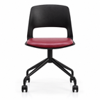 Front view of Vento castor visitor chair with maroon cushion and armless black back. AI-assisted reframing.