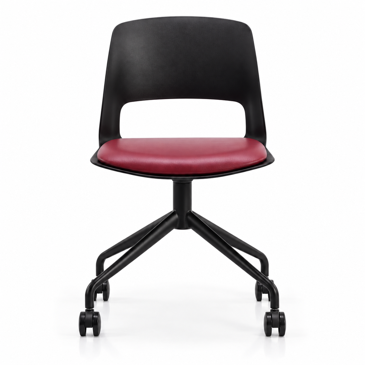 Front view of Vento castor visitor chair with maroon cushion and armless black back. AI-assisted reframing.