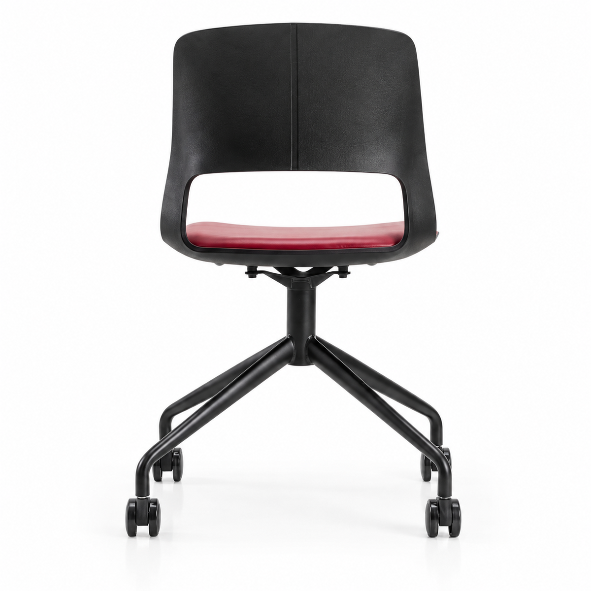 Rear view of Vento castor visitor chair showing black cut-out shell and crossed caster legs. AI-assisted reframing.