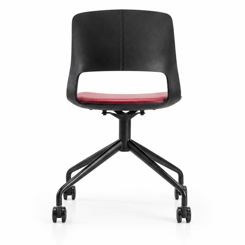 Rear view of Vento castor visitor chair showing black cut-out shell and crossed caster legs. AI-assisted reframing.