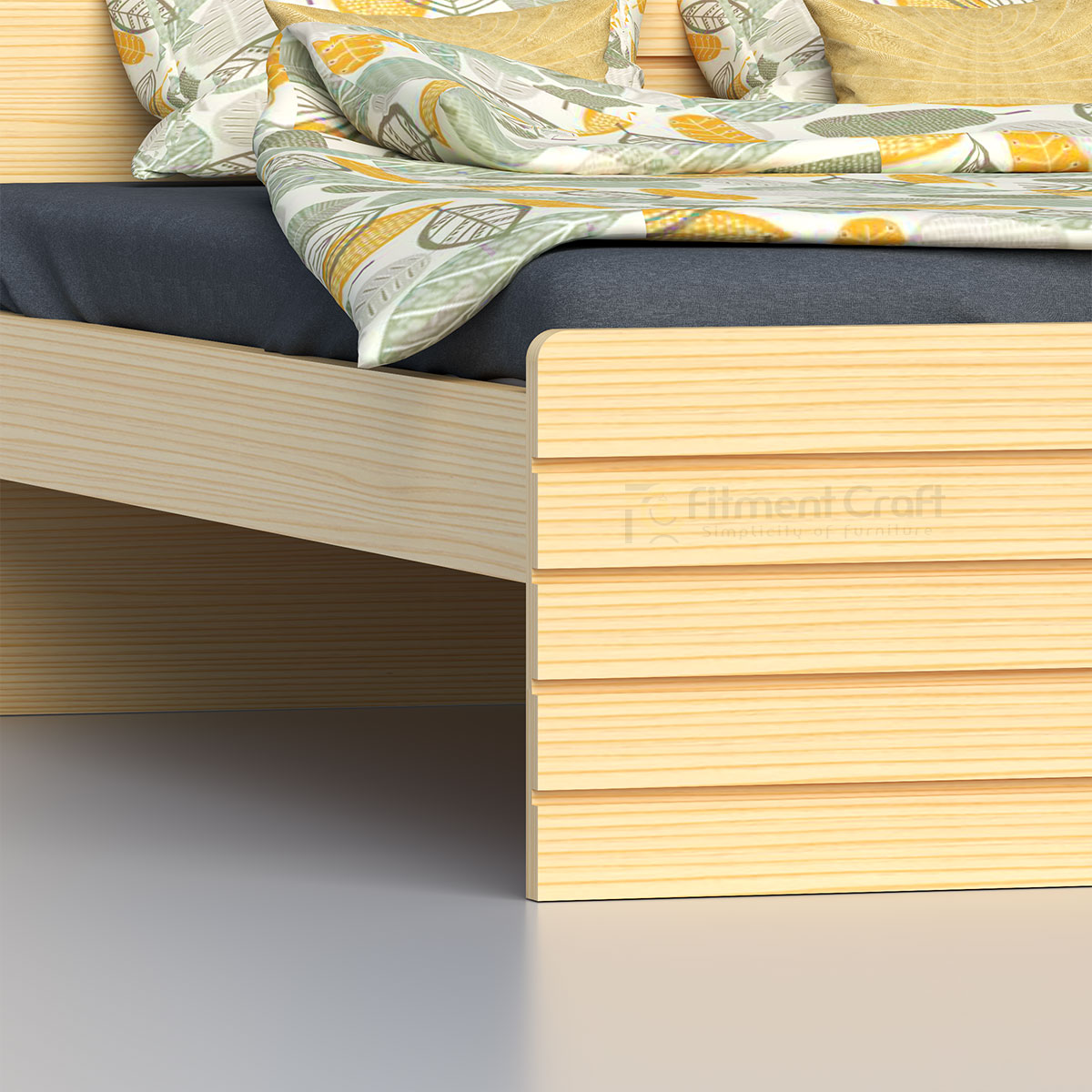 Close-up of Cosmic bed footboard with horizontal grooves and slanted detail