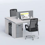 Cluster two-person workstation with grey divider, cabinet and black chairs, angled view