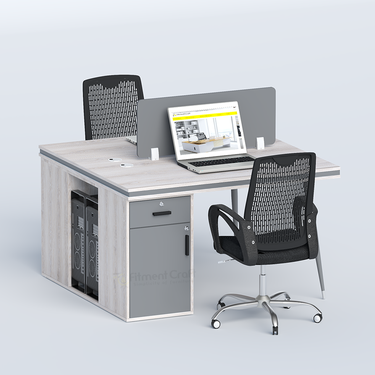 Cluster two-person workstation with grey divider, cabinet and black chairs, angled view