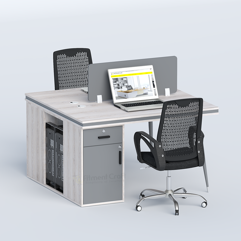 Cluster two-person workstation with grey divider, cabinet and black chairs, angled view
