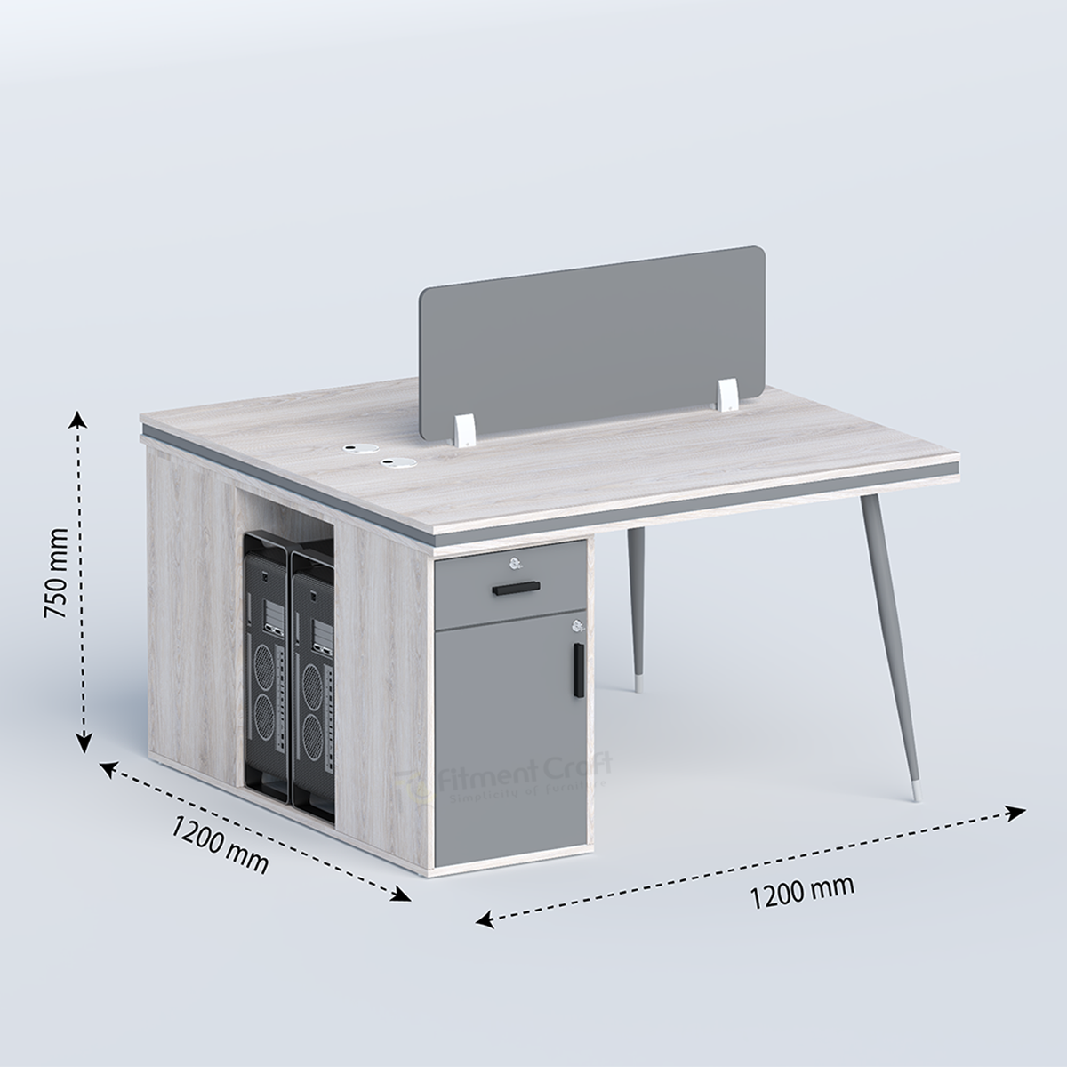 Cluster face-to-face two-person workstation with grey divider and dimension annotations