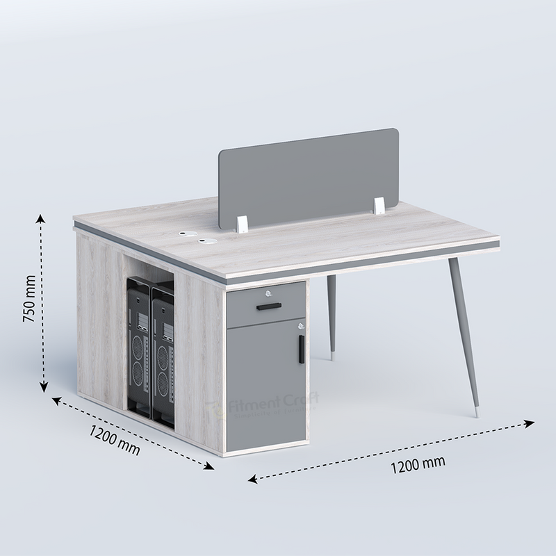 Cluster face-to-face two-person workstation with grey divider and dimension annotations