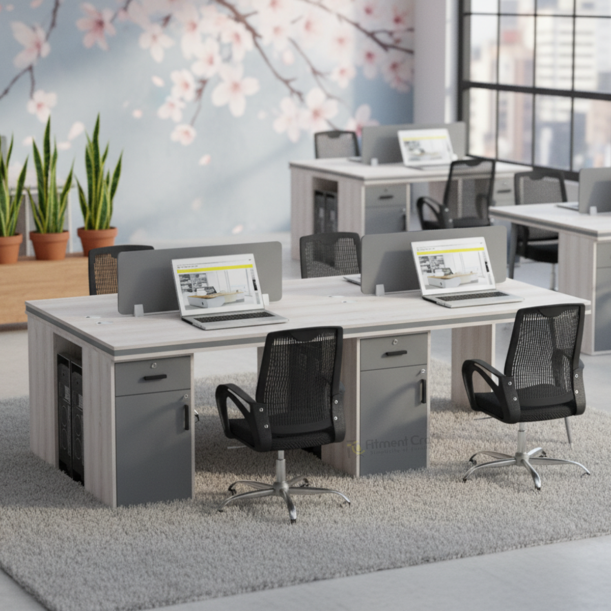 Cluster four-person face-to-face workstation with side storage and black chairs in an office
