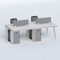 Cluster four-person workstation with grey dividers, side organizers and drawer cabinets
