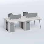 Cluster four-person workstation with grey dividers, side organizers and drawer cabinets