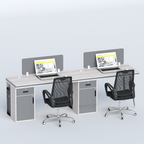 Cluster side-by-side workstation with two laptops, grey dividers and black chairs