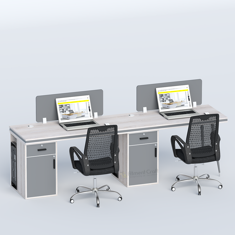 Cluster side-by-side workstation with two laptops, grey dividers and black chairs