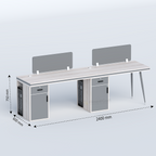 Cluster two-person workstation with grey divider panels and dimension annotations