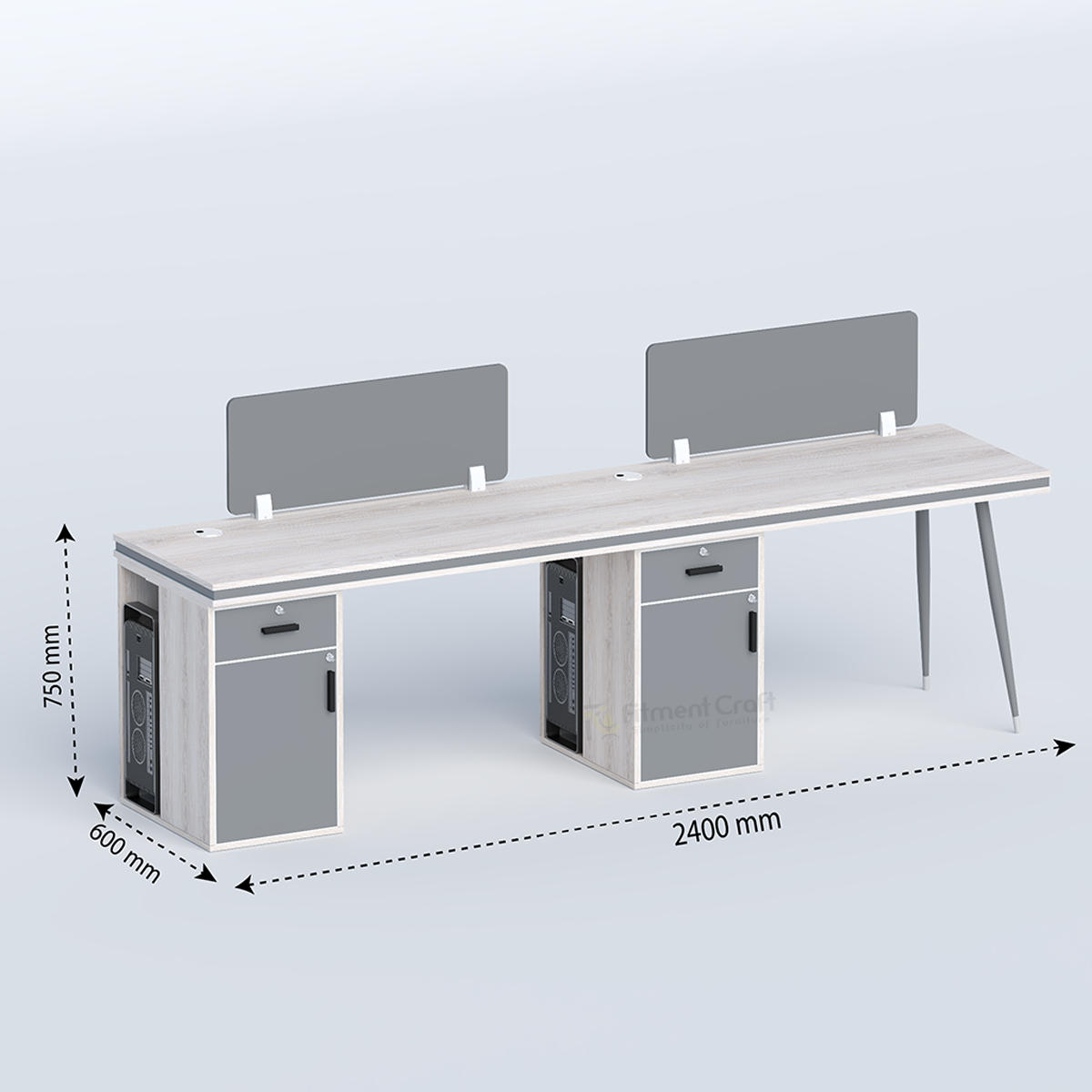 Cluster two-person workstation with grey divider panels and dimension annotations