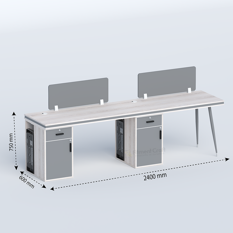Cluster two-person workstation with grey divider panels and dimension annotations