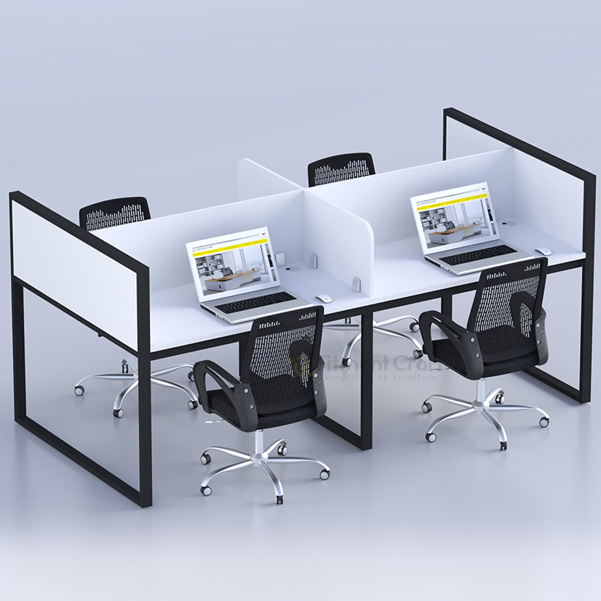 Collab four-person workstation with white desktops, white dividers and black frame