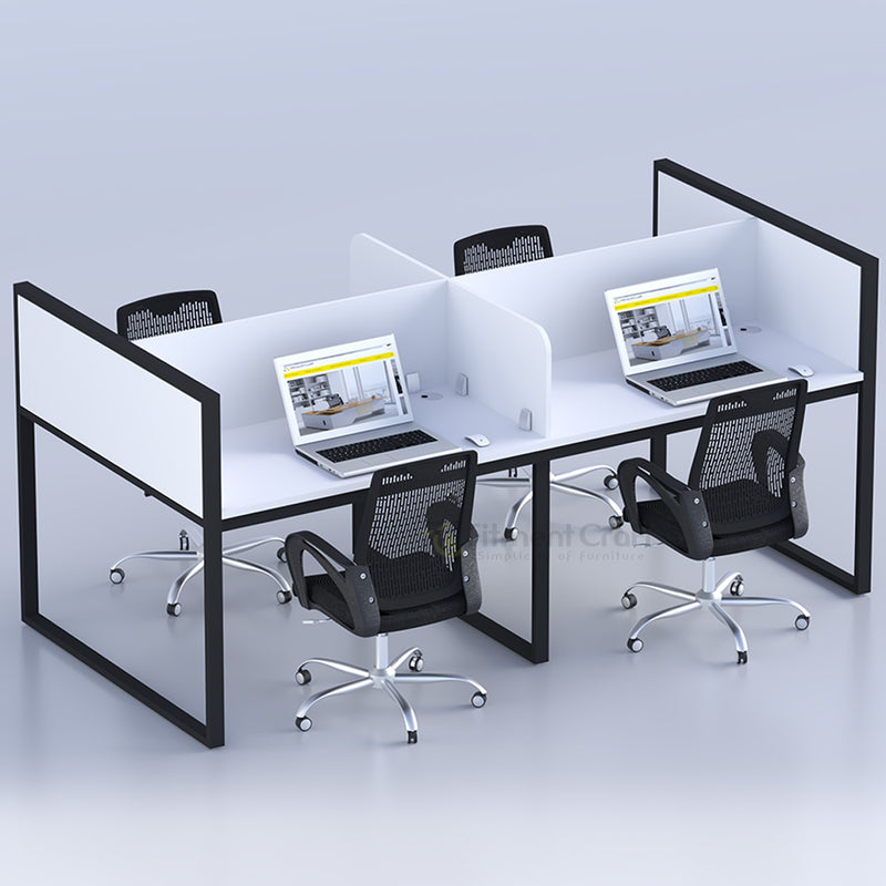 Collab four-person workstation with white desktops, white dividers and black frame