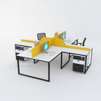 Colossus workstation with yellow cross dividers, white desktops and drawer pedestals