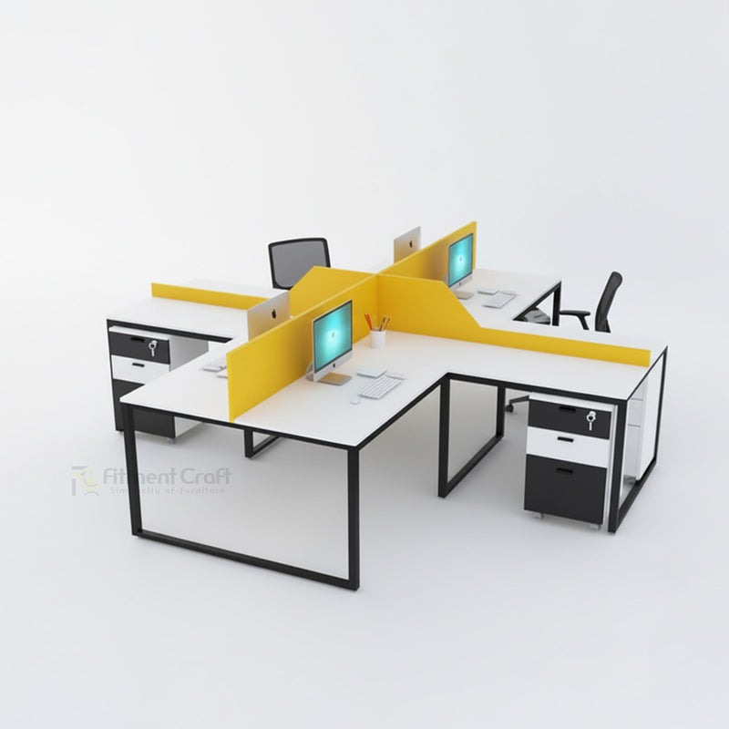 Colossus workstation with yellow cross dividers, white desktops and drawer pedestals