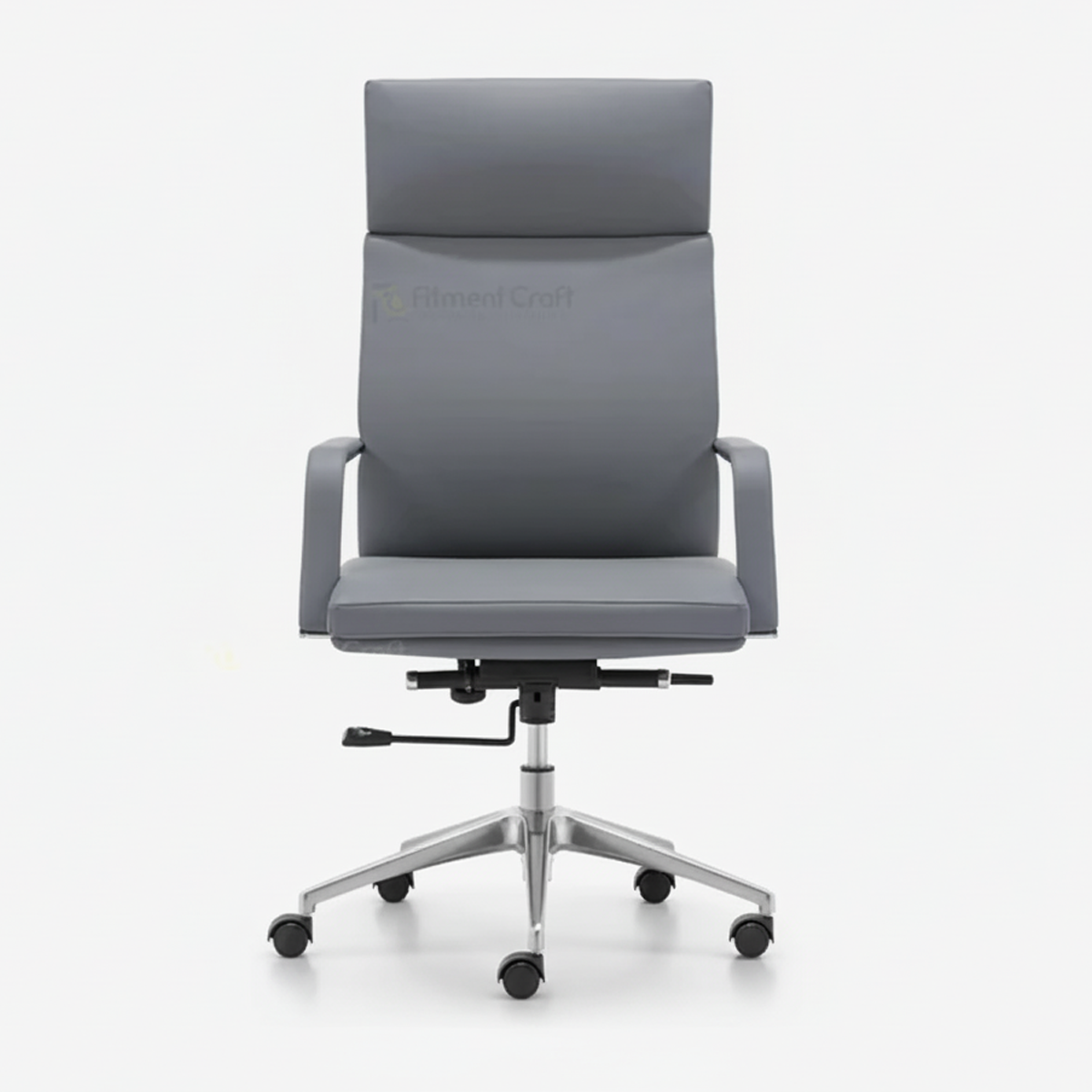 Grey Comfix high-back office chair with armrests and silver wheeled base, front view